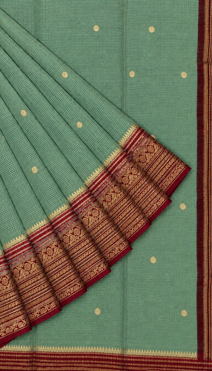Green Silk Saree With Golden Zari Butties And Kanchi Border - Parrot Green