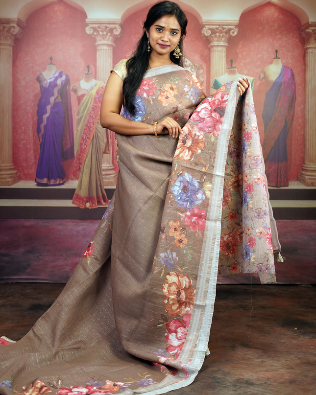 Lenin Silk Floral Pallu with Silver Zari Border
