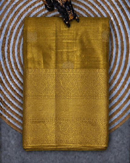 Pure Kanchi Tissue Saree With  Silver Peacock Motif - Mustard