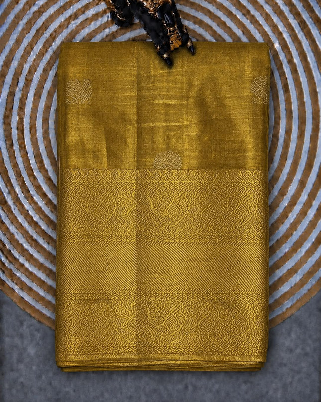 Pure Kanchi Tissue Saree With  Silver Peacock Motif - Mustard