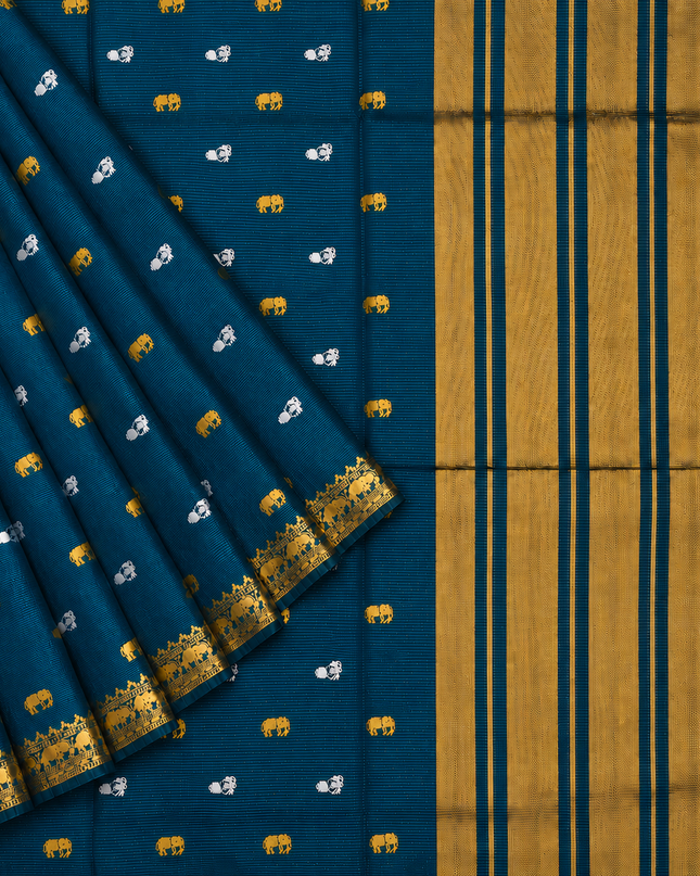 Munga Silk Saree With Gold and Silver Peacock and Elephant Butties Golden  Zari Elephant Design  Border - Peacock Blue
