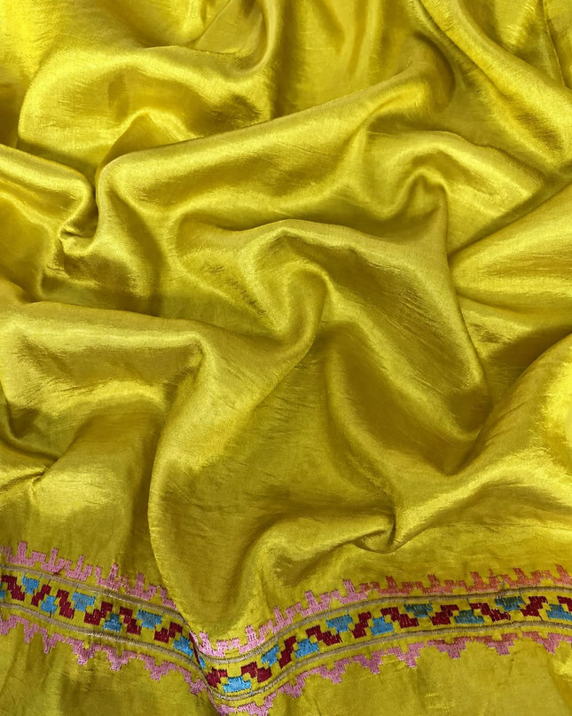 Dupion Saree with Thread Work Piping Border- Mustard