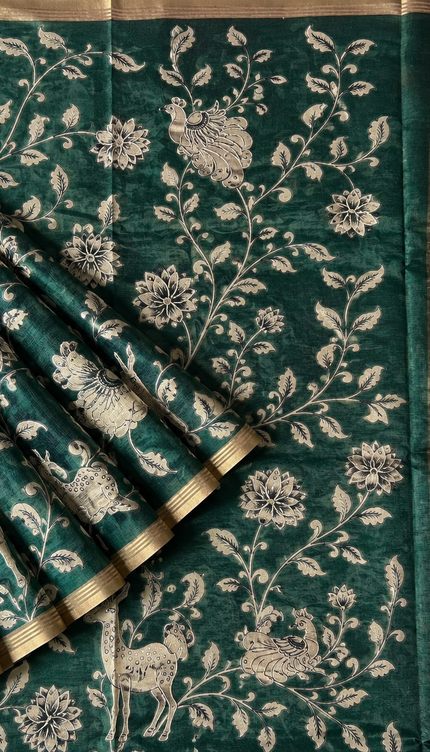 Kora Tusser kalmkari Sarree  With  Dori work and  Golden Border-  Bottle Green