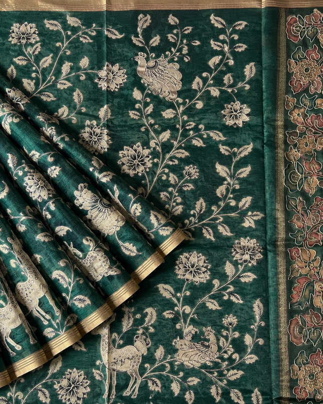 Kora Tusser kalmkari Sarree  With  Dori work and  Golden Border-  Bottle Green