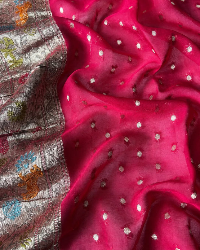 Munga Georgette saree with all overAntic Gold Zari Weaving  - Rani Pink