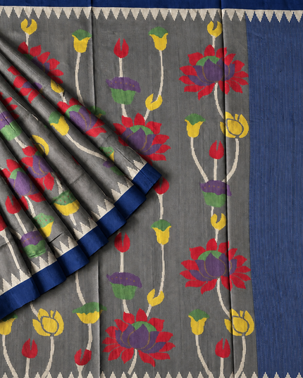 Tusser Jamdani Saree With  Contrast Border- Grey