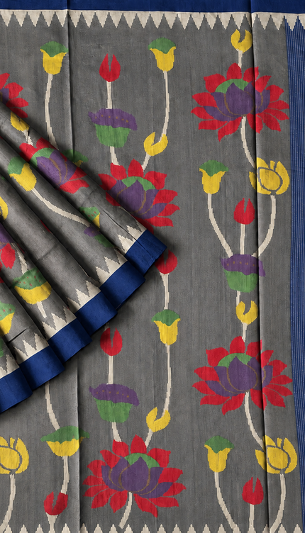 Tusser Jamdani Saree With  Contrast Border- Grey