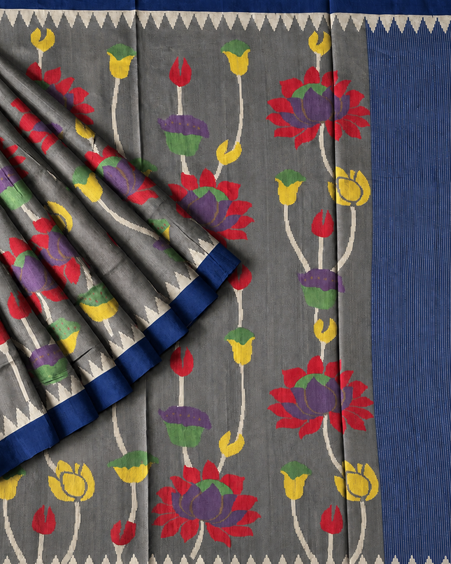 Tusser Jamdani Saree With  Contrast Border- Grey