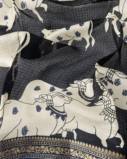 Pure Silk Kota Saree With Kalamkari Print and Small Gold Border -  Peacock Blue