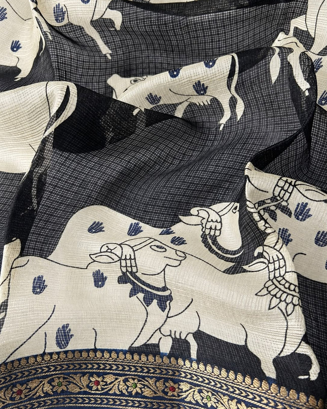 Pure Silk Kota Saree With Kalamkari Print and Small Gold Border -  Peacock Blue
