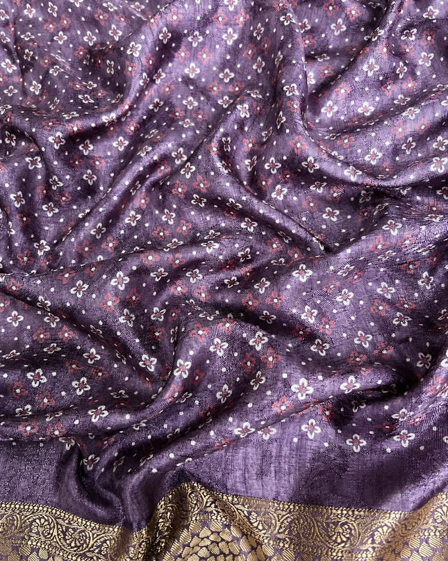 Tusser Silk Saree With Bhandni Print and Golden Border -  Light Purple