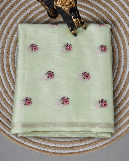 Mul Chanderi saree with Thread Embroidery Butties And Golden Zari Border  - Light Green