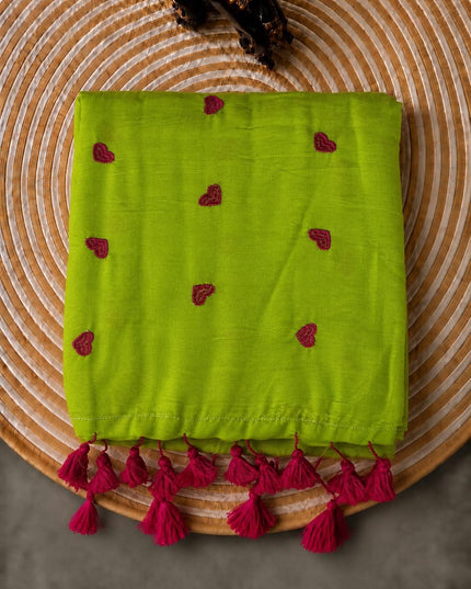 Mul Cotton Saree with Thread Work Buttes and Tassels-  Green