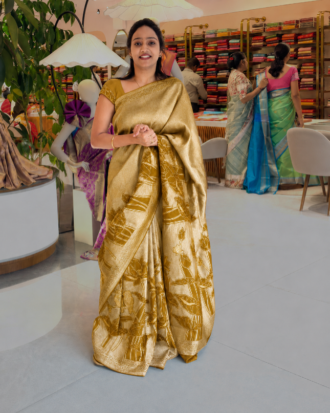 Heritage Banaras Saree With Gold and Silver Zari Weaving Lotus Design -Mustard