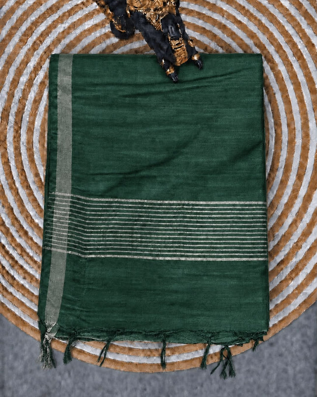 Semi Tusser Saree with Zig Zag Print and Warly Print and contrast Border -Green
