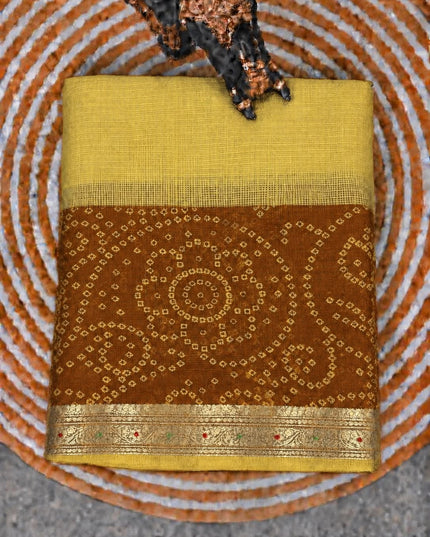 Pure Silk Kota Saree With Bhandni Print and Small Kanchi Border - Lemon Yellow