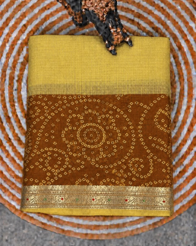 Pure Silk Kota Saree With Bhandni Print and Small Kanchi Border - Lemon Yellow