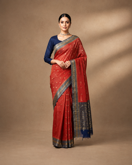Green Silk Saree With Golden Zari Butties And Kanchi Border -Rust Orange