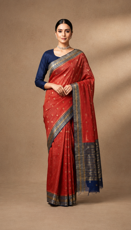 Green Silk Saree With Golden Zari Butties And Kanchi Border -Rust Orange