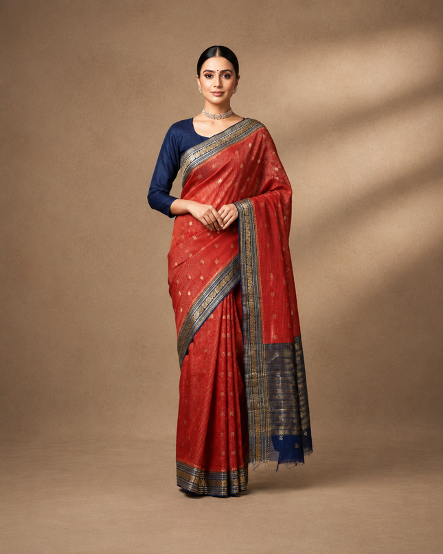Green Silk Saree With Golden Zari Butties And Kanchi Border -Rust Orange