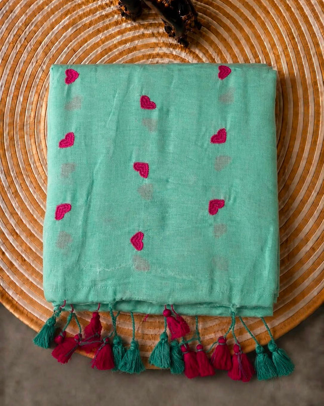 Mul Cotton Saree with Thread Work Buttes and Tassels-  Sea Green