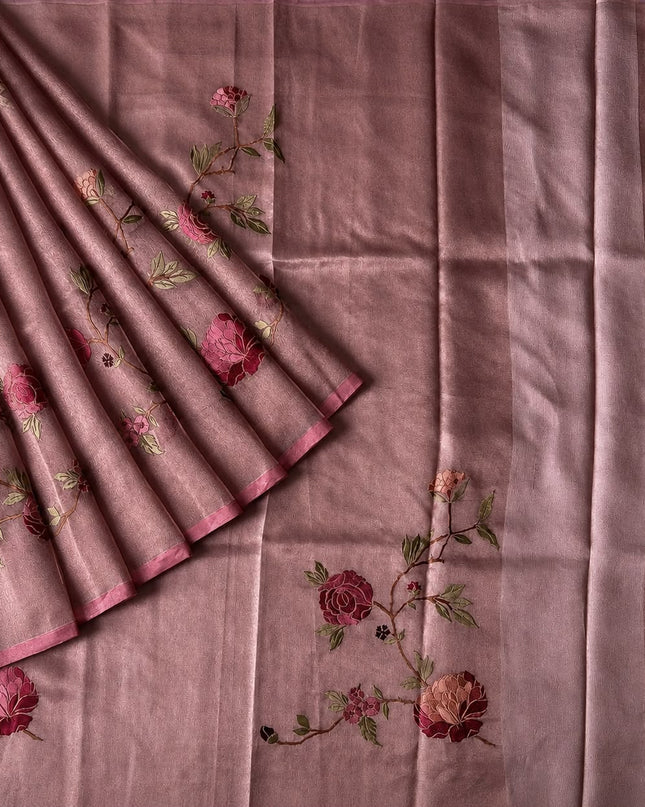 Pure Tissue Saree  with Embroidery Work and  piping border - Pink
