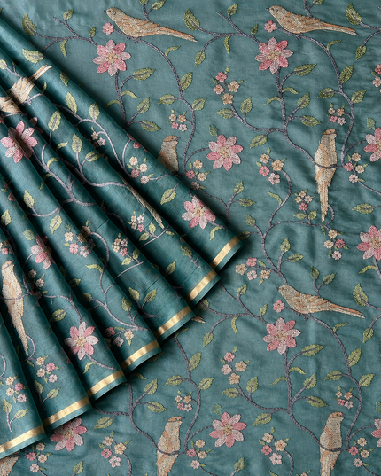 Chanderi Saree with Thread Embroidery Work and Contrast  Border-  Light Blue