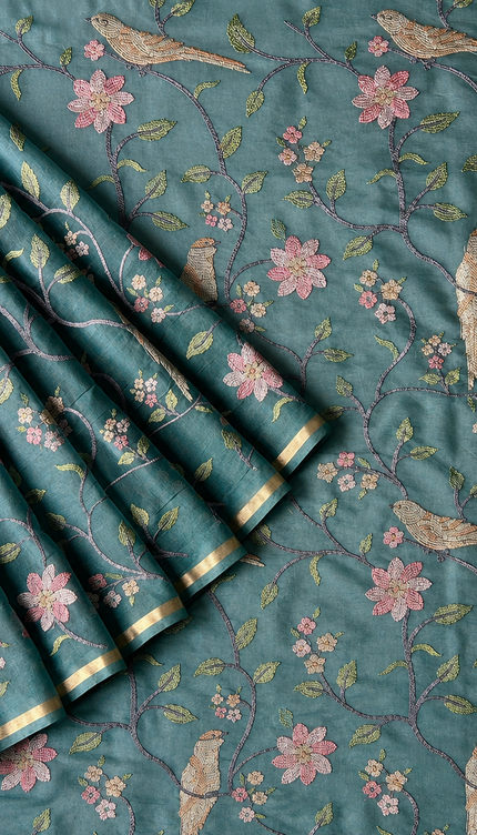 Chanderi Saree with Thread Embroidery Work and Contrast  Border-  Light Blue