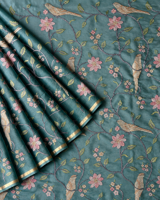 Chanderi Saree with Thread Embroidery Work and Contrast  Border-  Light Blue