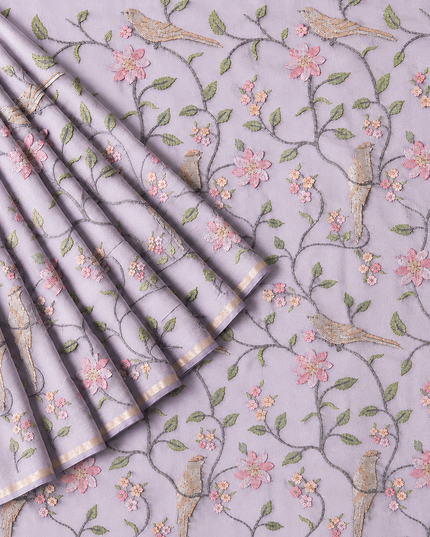 Chanderi Saree with Thread Embroidery Work and Contrast  Border-  Lavender