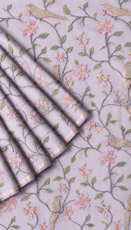 Chanderi Saree with Thread Embroidery Work and Contrast  Border-  Lavender