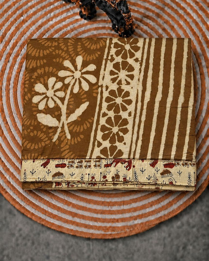 Mul Cotton Saree with Hand Block Print Border- Beige