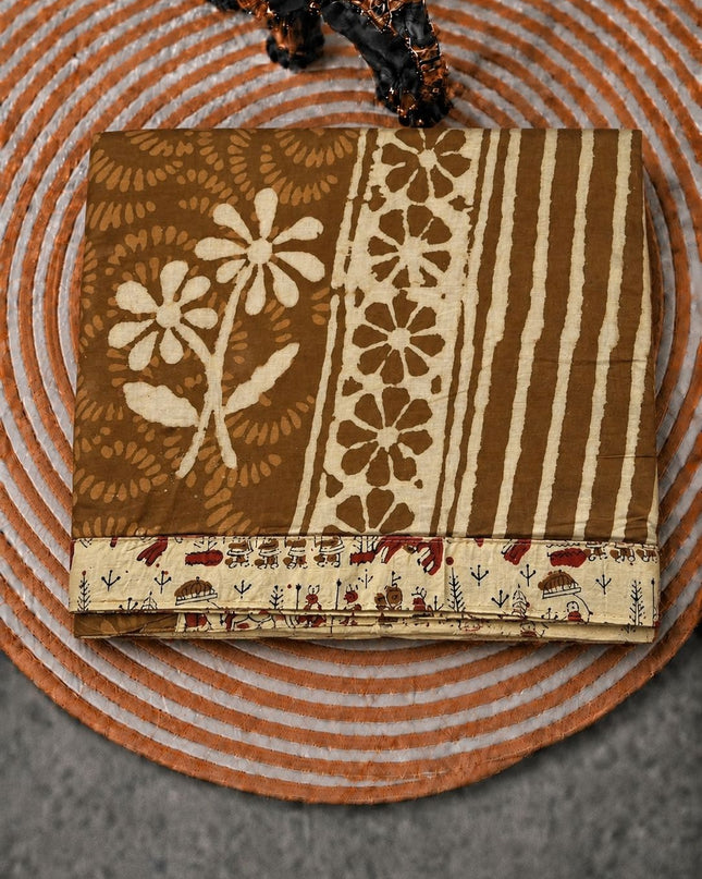 Mul Cotton Saree with Hand Block Print Border- Beige