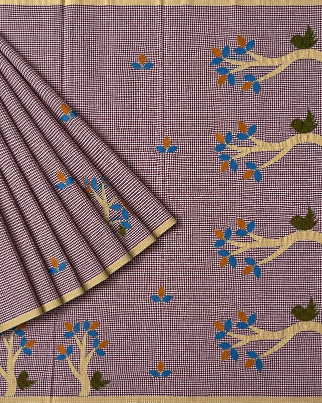 Cotton Saree With Checks Design and Contrast Border -  Purple