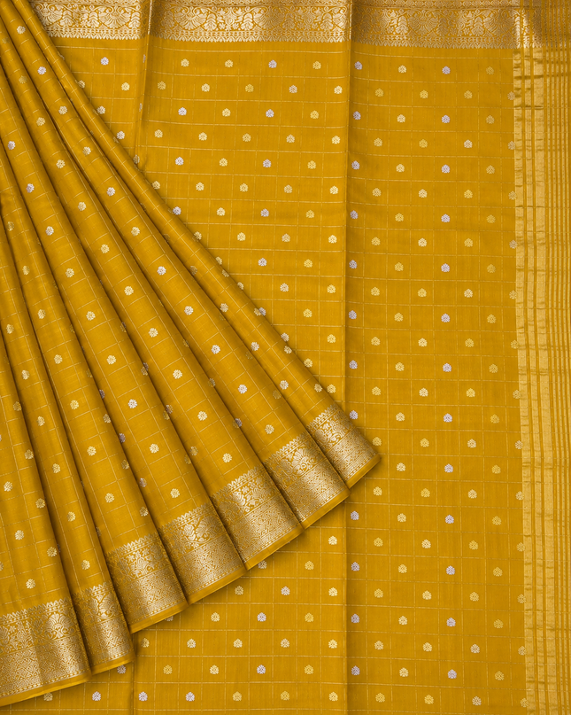 Chinon Silk Saree  with Golden Zari  Weaving Checks Design With Small Butties  Contrast Golden Zari Border -Mustard