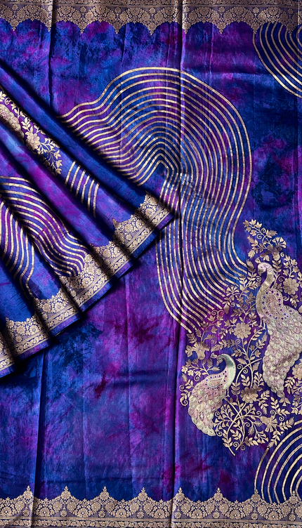 Banaras Crepe Saree With Shibori and Meenakari Weaving Golden Zari Border - Royal Blue