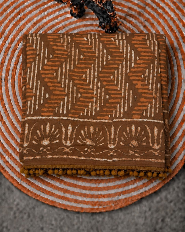 Mul Cotton Saree with Hand Block Print Border- Brown