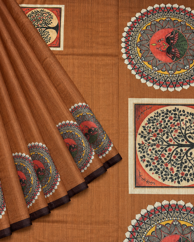 Tusser Silk Saree with Mahbubani Print  contrast Border  -  Rust