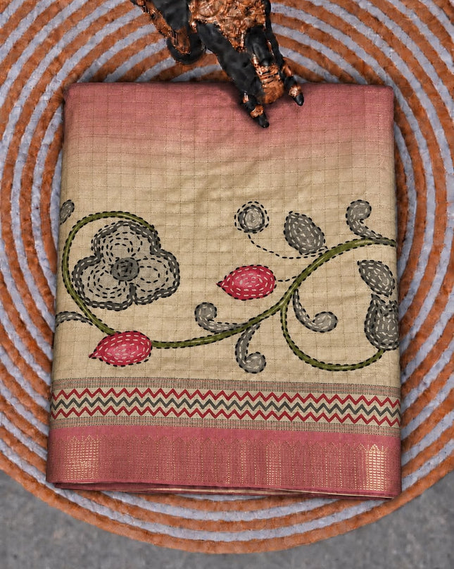 Tusser Saree with Floral and Golden Checks Design and Golden  Border - Peach