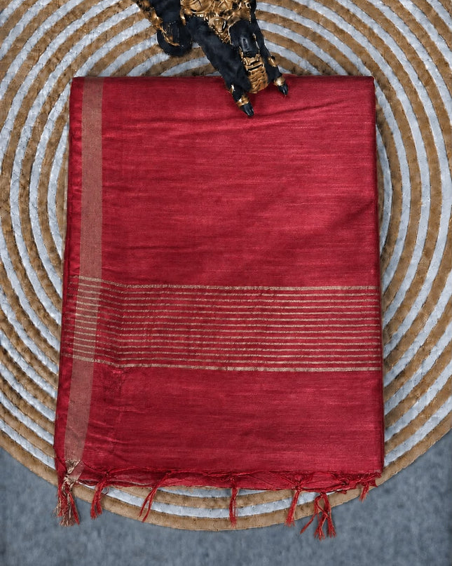Semi Tusser Saree with Zig Zag Print and Warly Print and contrast Border - Pink
