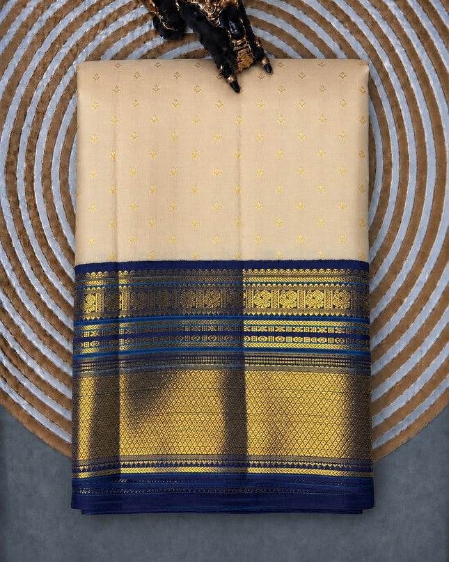 Pure Kanchi Pattu Saree With Allover Small Golden Butties and Contrast Border - Off White