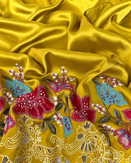 Dupion Silk  Saree with Applique work and Cut work Border - Mustard