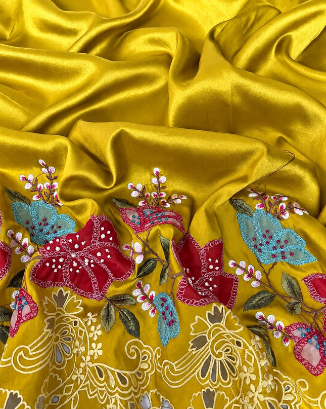 Dupion Silk  Saree with Applique work and Cut work Border - Mustard