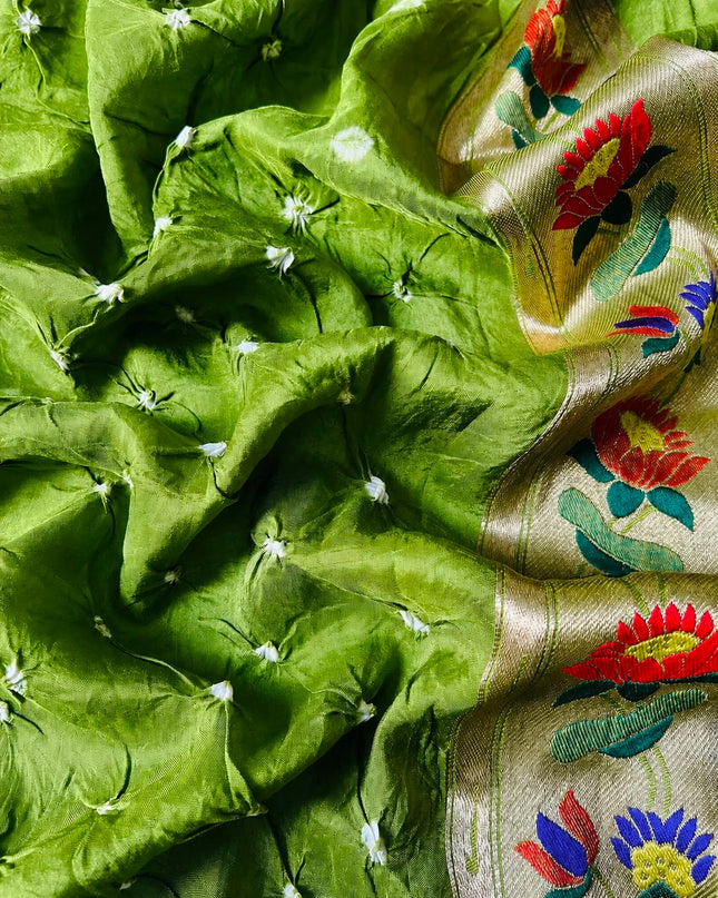 Bhandni Saree with Paithani Saree Border - Green