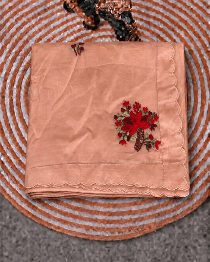 Italian Silk Saree With Kantha Work and French knot Work and Scallop Border- Peach