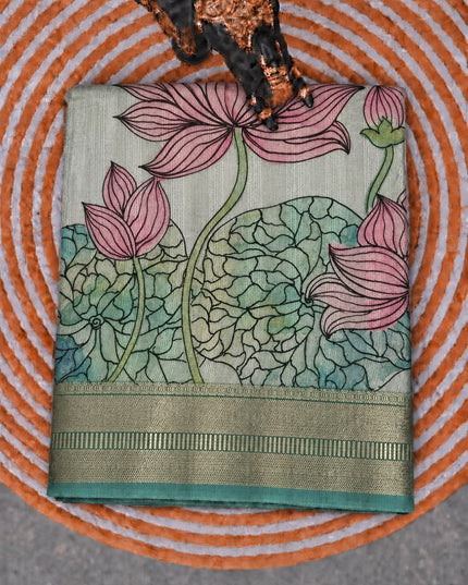 Jute Tissue Silk Saree With Floral Print and Contrast Border-  Sea Green