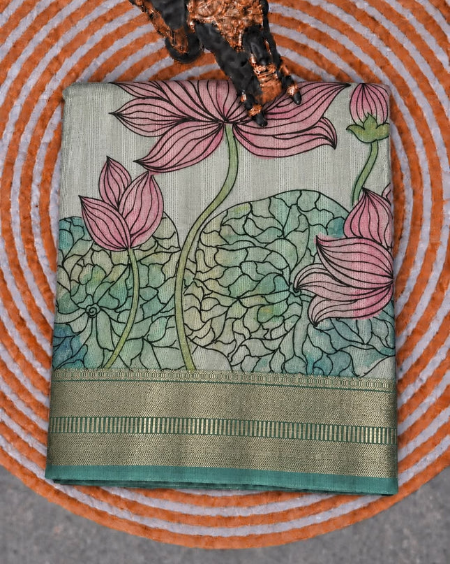 Jute Tissue Silk Saree With Floral Print and Contrast Border-  Sea Green