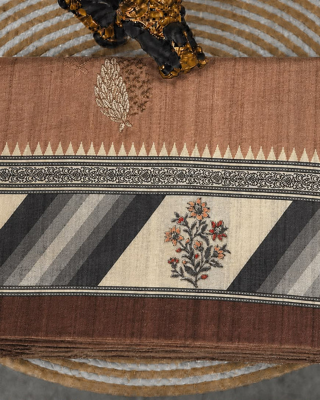 Tusser Saree With All Over Thread Embroidery  Work Flower Print Border - Brown