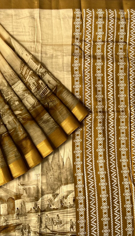 Dola silk sarees with Ramayana Team and Golden border - Mustard