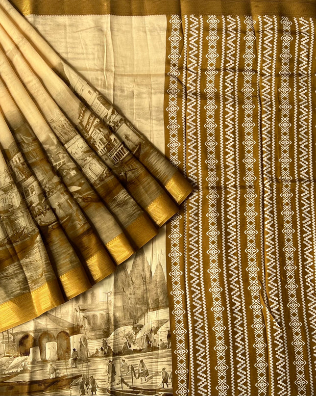 Dola silk sarees with Ramayana Team and Golden border - Mustard